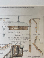 Trinity Church, Pulpit Details, Newport, RI, 1886, Hand Colored Original -