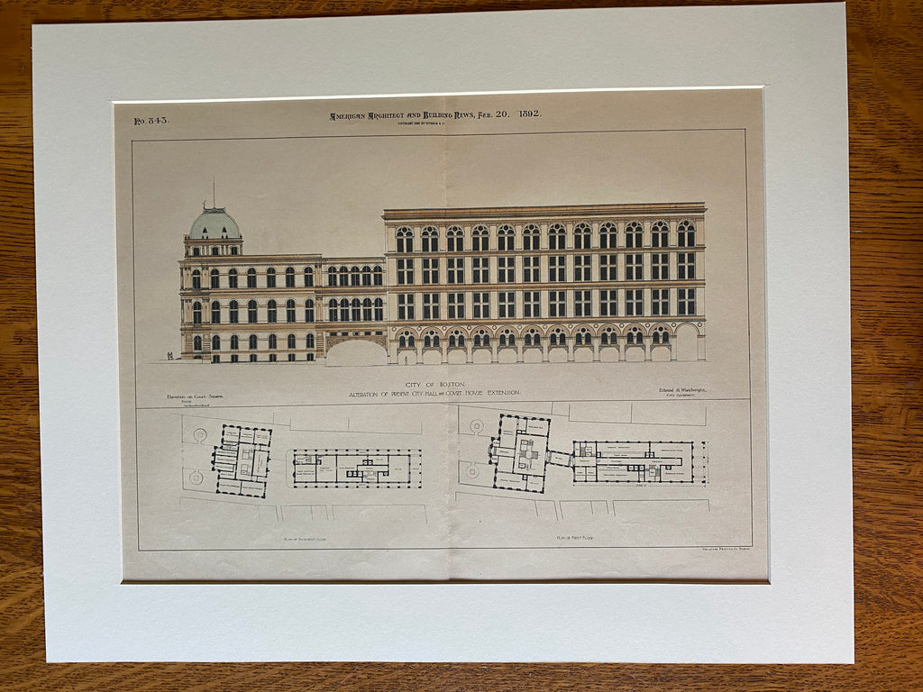 City Hall Court House Boston MA 1892 E Wheelwright Hand Colored city-hall-court-house-boston-ma-1892-e-wheelwright-hand-colored