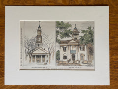 First Church, Springfield, Court House, Lenox, MA, 1895, Original Hand Colored -