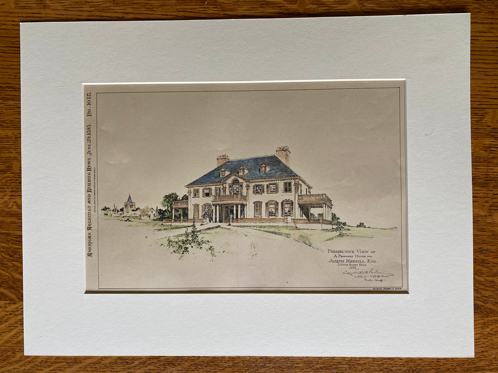 Joseph Merrill House, Little Boars Head, NH, 1895, Original Hand Colored -