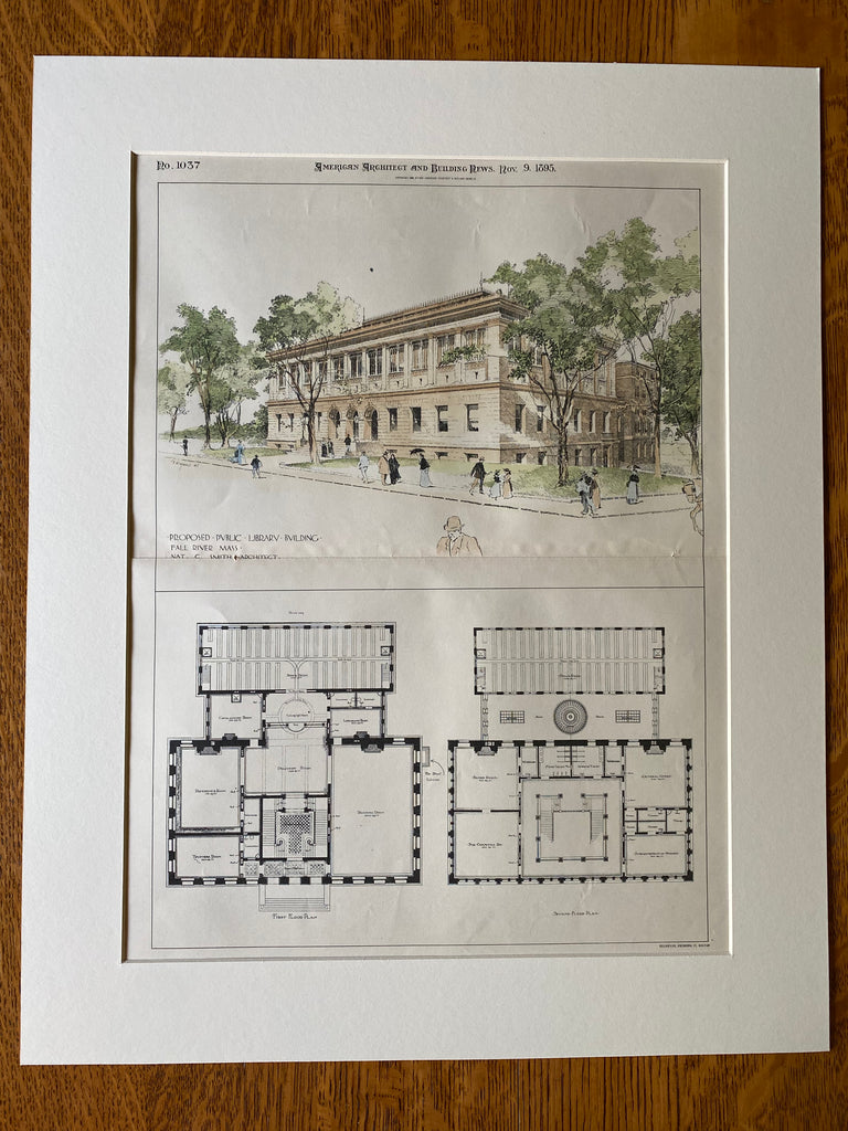 Fall Rivr Library Public Library, Fall River, MA, 1895, Nat. C Smith, Original Hand Colo ...