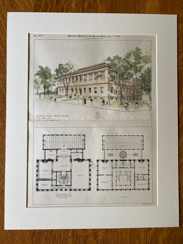 Public Library, Fall River, MA, 1895, Nat. C Smith, Original Hand Colored -