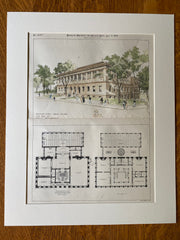 Public Library, Fall River, MA, 1895, Nat. C Smith, Original Hand Colored -