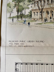 Public Library, Fall River, MA, 1895, Nat. C Smith, Original Hand Colored -
