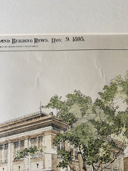 Public Library, Fall River, MA, 1895, Nat. C Smith, Original Hand Colored -