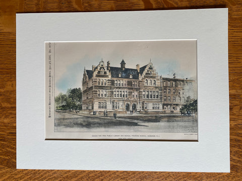 Library & Manual Training School, Hoboken, NJ, 1895, Original Hand Colored -