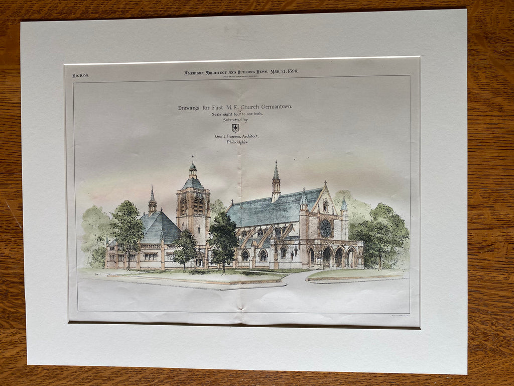 First ME Church, Germantown, PA, 1896, Geo T Pearson, Hand Colored, Original -