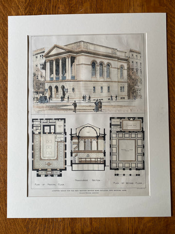 New Bedford Savings Bank, MA, 1896, Charles Brigham, Hand Colored, Original -