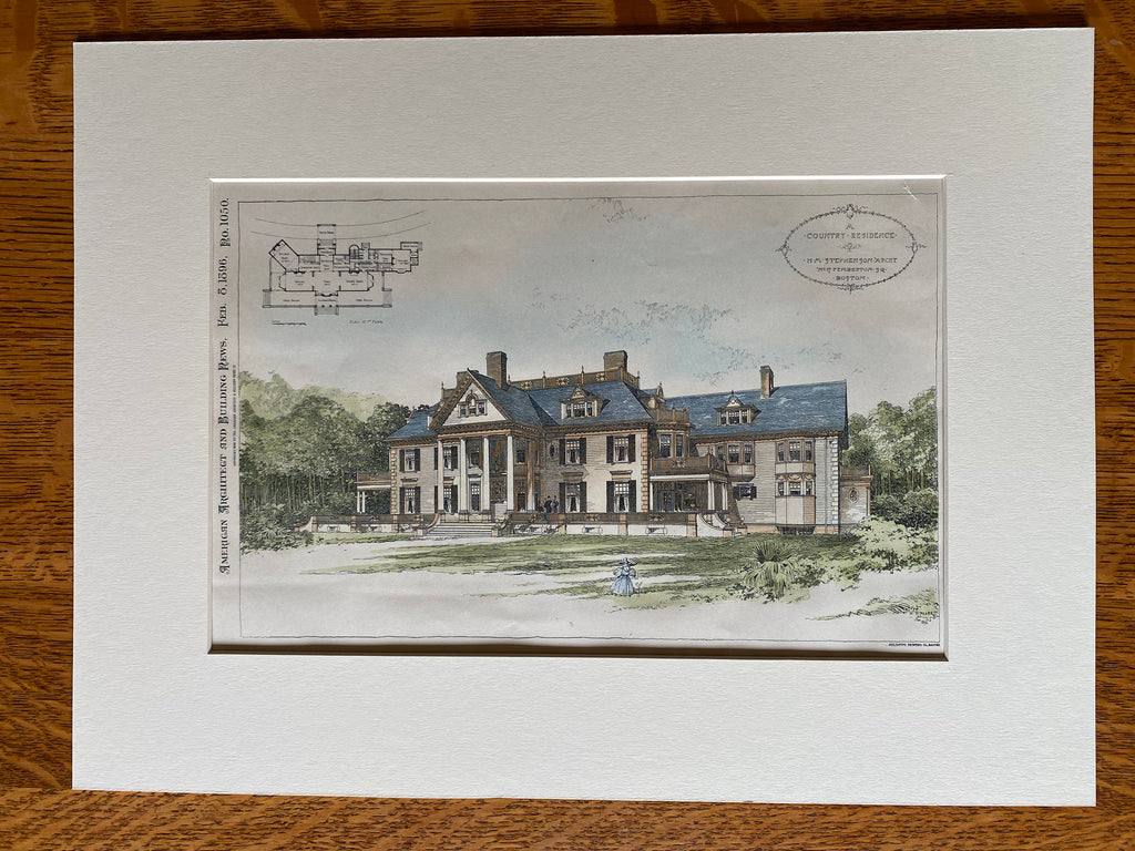 Country House by H M Stephenson, Architect, 1896, Hand Colored, Original -