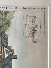 Country House by H M Stephenson, Architect, 1896, Hand Colored, Original -