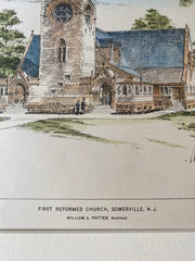 First Reformed Church, Somerville, NJ, 1896, Wm Potter, Original Hand Colored -