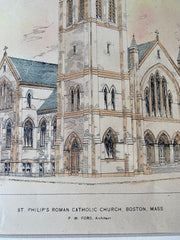 St Philips Catholic Church, Boston, 1896, P W Ford, Original Hand Colored -
