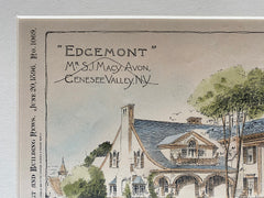 Edgemont, S J Macy House, Avon, Genesse Valley, NY, 1896, Original Hand Colored -