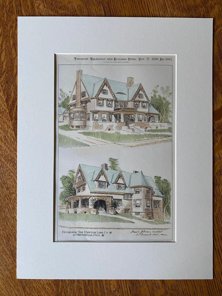 Newton Land Co Houses, Newtonville, MA, 1896, Original Hand Colored -