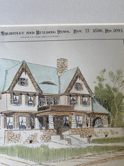 Newton Land Co Houses, Newtonville, MA, 1896, Original Hand Colored -