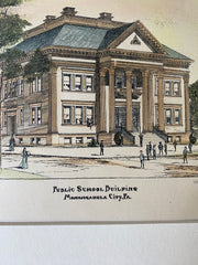 Public School Building, Monongahela City, PA, 1896, Original Hand Colored -