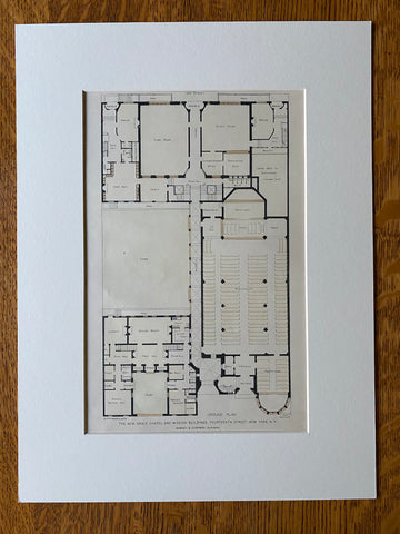 Grace Chapel and Mission, Floor Plans, 14th Street, New York, 1896, Original Hand Colored -