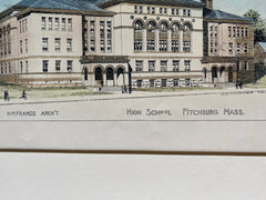 High School, Fitchburg, MA, 1894, H M Francis, Hand Colored Original -