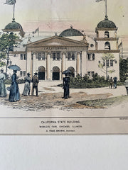California State Building, Chicago Worlds Fair, IL, 1894, A Page Brown, Original Hand Colored