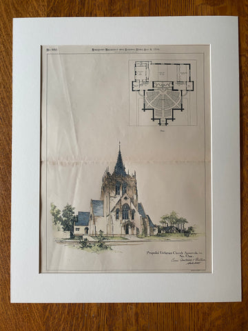 Unitarian Church, Somerville, MA, Cram Wentworth Goodhue, Hand Colored Original -