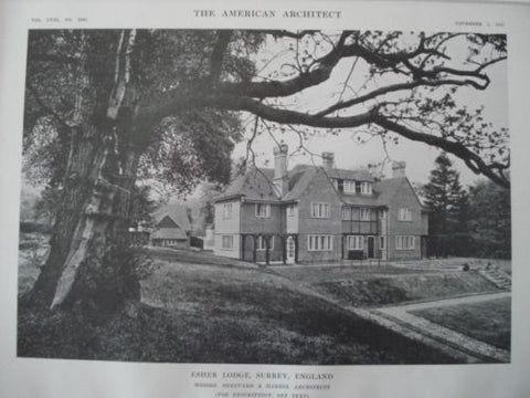 Esher Lodge, Exterior, in Surrey, England, 1915. Sheppard & Harris. Lithograph