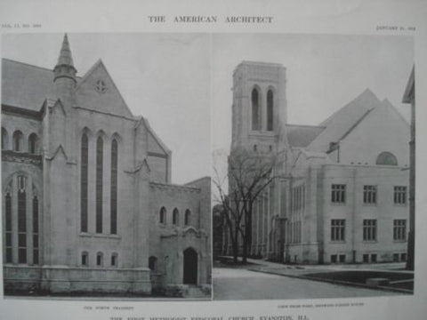 The First Methodist Episcopal Church, Exterior, Evanston, IL 1912, Lithograph. Tallmadge & Watson.
