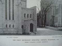 The First Methodist Episcopal Church, Exterior, Evanston, IL 1912, Lithograph. Tallmadge & Watson.