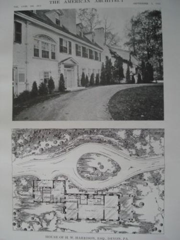 House of H. W. Harrison, Esq., Front with Plans in Devon, PA, 1915. Duhring, Okie & Ziegler