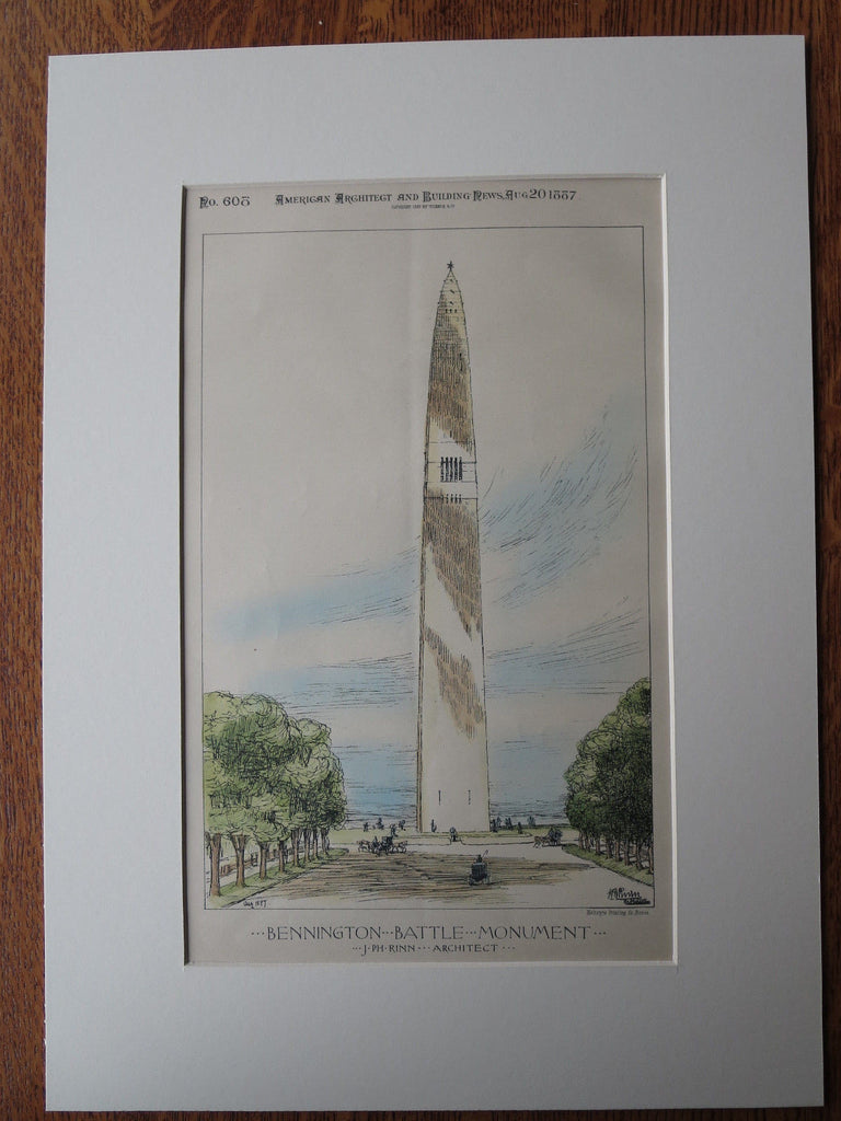 Bennington Battle Monument, 1887, Original Plan. J. PH Rinn, Architect