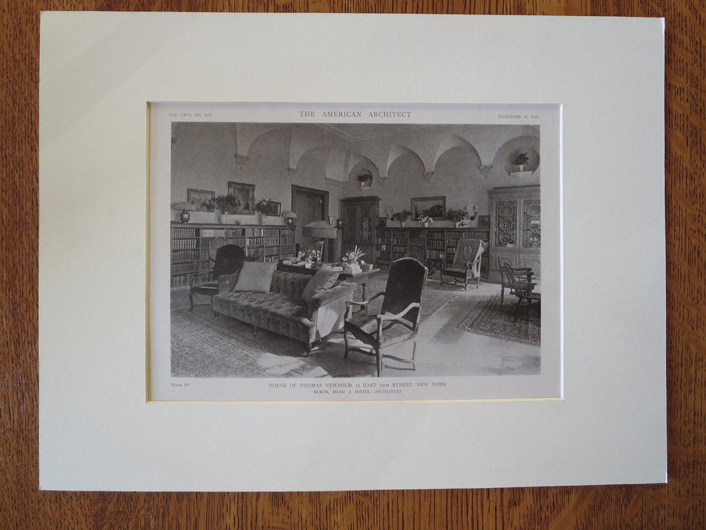 T. Newbold House Interior, E 79th St, NY, McKim, Mead & White, 1919, Lithograph