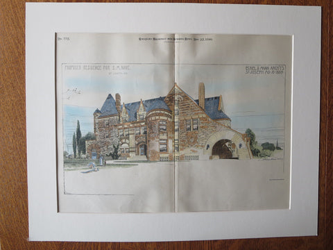 S.M. Nave House, St. Joseph, MO, 1890, Eckel & Mann, Original Plan Hand Colored