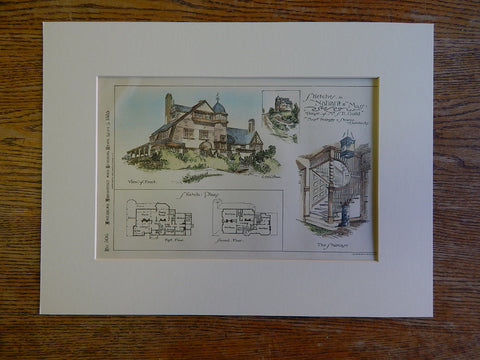 House, Mrs S E Guild, Nahant, MA, Peabody & Stearns, 1885, Original Hand Colored -