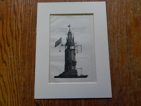 Winstanley's Lighthouse, Edystone Rock, UK, 1886. Hand Colored Original Plan