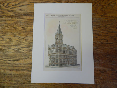 City Hall, Erie, PA, 1884, D K Dean, Architect, Original Plan Hand Colored
