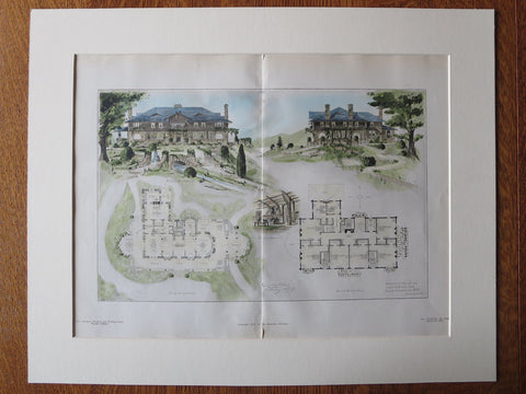 John Fiske house, Lake Champlain, NY, 1905, Original Plan Hand Colored