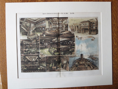 La Touraine, Sketches, Transatlantic Voyage, 1891, Original Plan Hand Colored