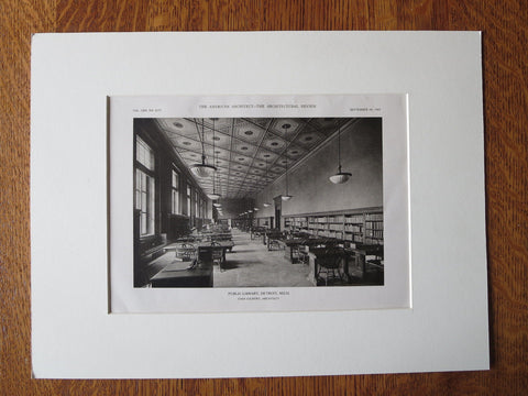 Public Library, Reading Room, Detroit, MI, Cass Gilbert, 1921, Lithograph