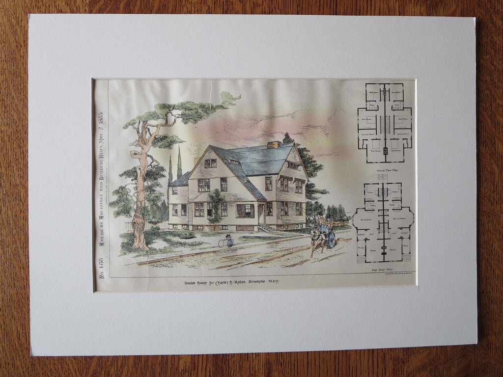 Charles Rutan Houses, Brookline, MA, 1885. Original Plan Hand Colored ...