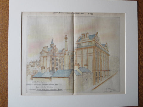 Birmingham Municipal Technical School, England, 1893, Original Plan Hand Colored