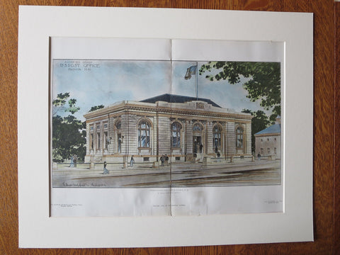 US Post Office, Nashua, NH, 1905, F. M. Wakefield, Original Plan Hand Colored