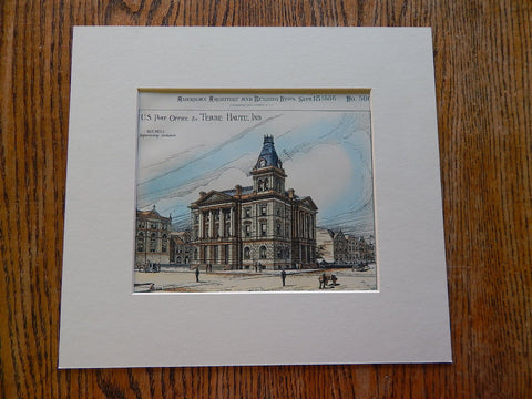 US Post Office, Terra Haute, IN, 1886, Hand Colored, Original Plan