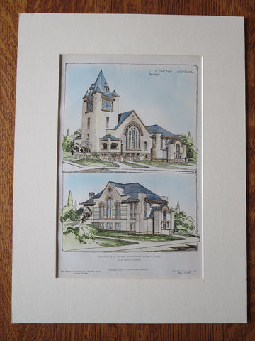 Glendale M.E. Church, Everett, MA, 1905. C. Blackall, Original Hand Colored -