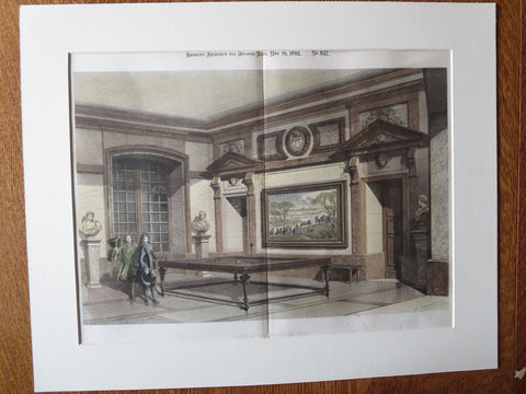 Chateau De Marly Le Roy, Billiard Room, 1892, Original Plan Hand Colored