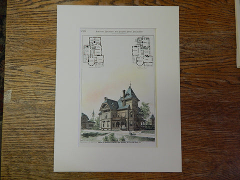 Samuel Farquhar House, Sargent St, Newton, MA, 1880, Original Hand Colored -