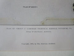 Carnegie Technical Schools, Pittsburgh, PA, 1905. Original Plan Hand Colored