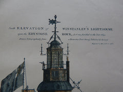 Winstanley's Lighthouse, Edystone Rock, UK, 1886. Hand Colored Original Plan
