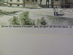 Samuel Farquhar House, Sargent St, Newton, MA, 1880, Original Hand Colored -