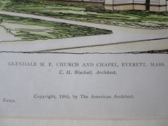 Glendale M.E. Church, Everett, MA, 1905. C. Blackall, Original Hand Colored -