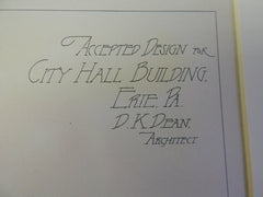 City Hall, Erie, PA, 1884, D K Dean, Architect, Original Plan Hand Colored