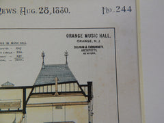 Orange Music Hall, Orange, NJ, 1880, Silliman & Farnsworth, Original Plan
